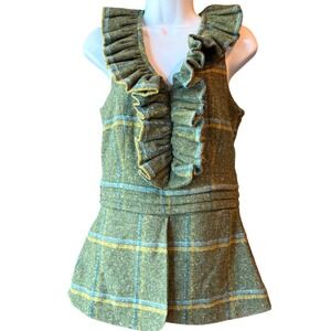 Hunter Dixon Wool Plaid Ruffle Peplum Vest Green Tweed Made in USA Size 6